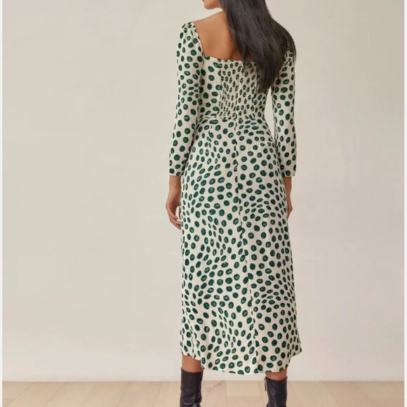 Reformation Hilda Midi Dress Tapioca Green Polka Dot Long Sleeves Wrap Style - Picture 3 of 7
